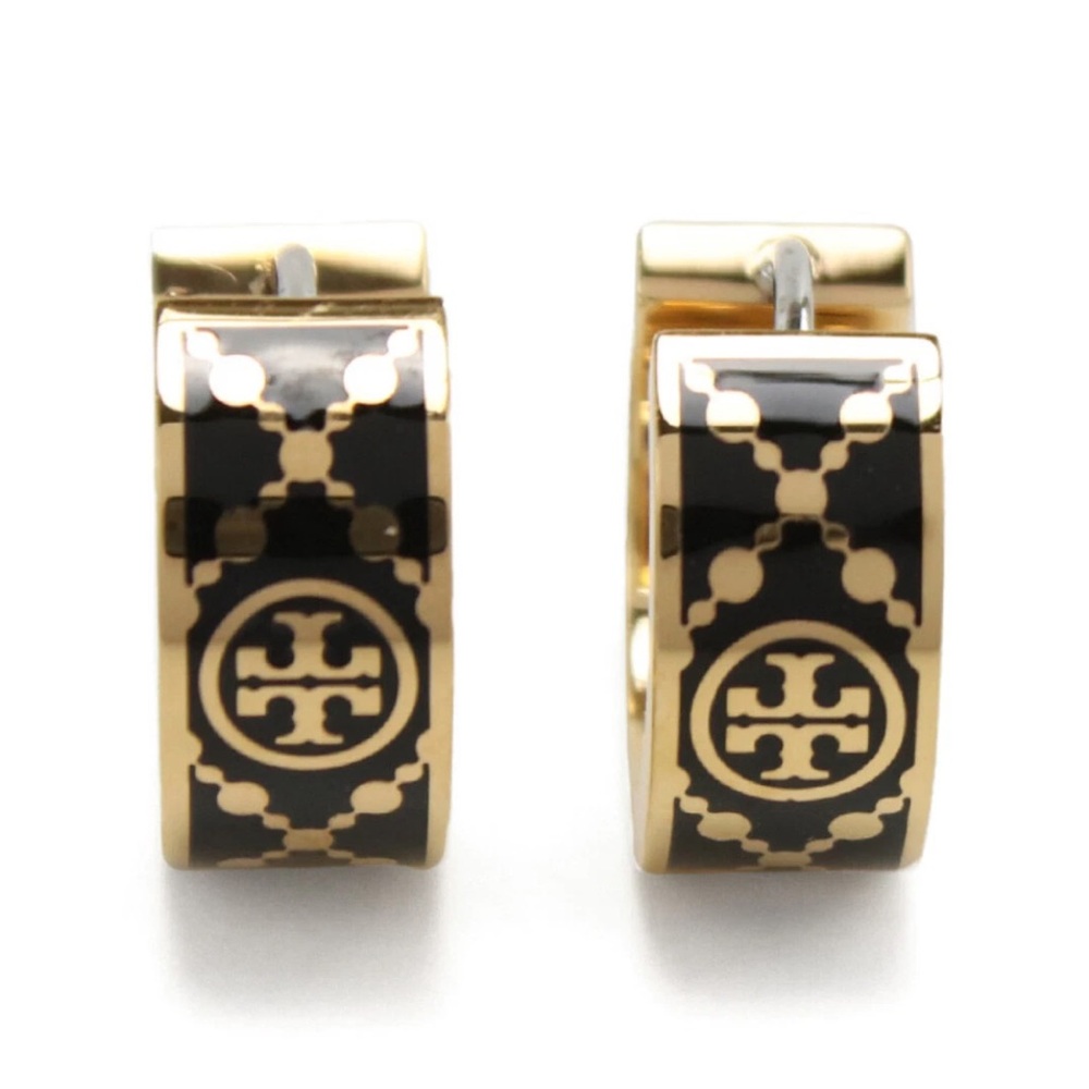 NIP Tory Burch Black and Gold T-Monogram Huggie Earrings - Picture 2 of 8